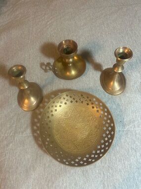 Brass Candle Holders and Decorative Brass Dish - Brass Finish